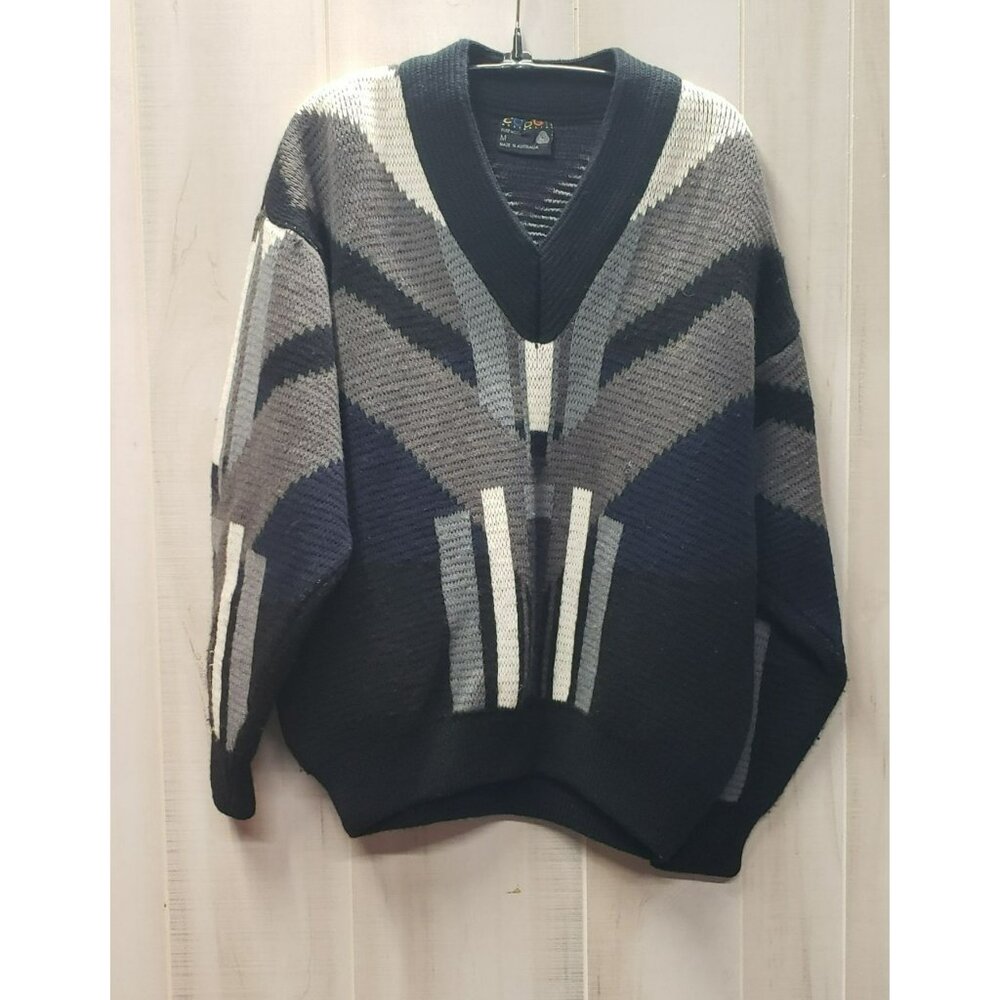 Vintage Coogi Australia Wool Sweater Black Gray Geometric V-Neck Medium HOLES